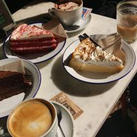 Selection of coffees and desserts at Strata Bakery in Barcelona