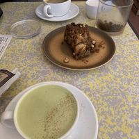 Coconut matcha latte and apple cake  at Banana Cafe in Bordeaux