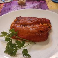 Pimiento relleno con guisantes texturizado at Telos Comida Casera Natural Vegetariana y Vegana in San Lorenzo De El Escorial