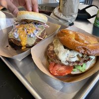 Buffalo burger (L) and jerk burger (R)  at Farmacy Vegan Kitchen & Bakery in Tampa