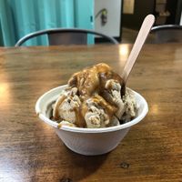 2 scoops of Caramel Almond with Vegan Hot Caramel Sauce  at Mr. Dewie's Cashew Creamery in Emeryville