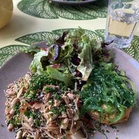 Peanut noodles, sweet potato burger and salad  at Rotas da Ilha Verde in Sao Miguel