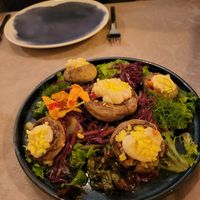 Starter: stuffed mushrooms (vegan option with cashewcream) at Rotas da Ilha Verde in Sao Miguel
