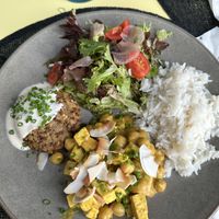 Menu Hamburger and chickpea tofu curry  at Rotas da Ilha Verde in Sao Miguel