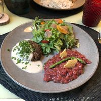 This is the beetroot risotto and mushroom burger   at Rotas da Ilha Verde in Sao Miguel