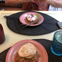 These are the vegan desserts:  apple crumble and banger  at Rotas da Ilha Verde in Sao Miguel