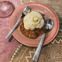 dessert😍 apple crumble with vegan pannacotta (or something like that)  at Rotas da Ilha Verde in Sao Miguel