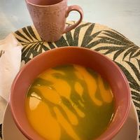 Carrot soup with parsley infused olive oil (lunch portion).  at Rotas da Ilha Verde in Sao Miguel