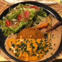 Lentils and sweet potato burger with shimeji gravy, baby carrots and white bean purée   at Rotas da Ilha Verde in Sao Miguel