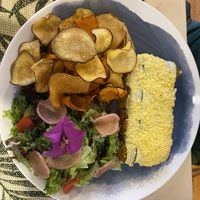 Zucchini cannelloni stuffed with soya granules, sweet potato chips and salad (gluten free, vegan option)  at Rotas da Ilha Verde in Sao Miguel