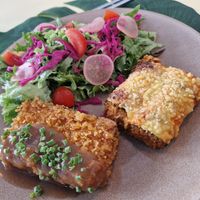 Breaded tofu and caneloni in the lunch menu at Rotas da Ilha Verde in Sao Miguel