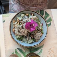 ceasar salad with mozzarella and deep fried enoki mushrooms (completely vegan!) at Rotas da Ilha Verde in Sao Miguel