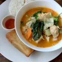 Entree - spring roll and main - curry and rice with a drink at PingAn Veggie Time in Bowden