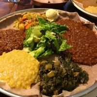Veggie Platter with a scoop of hummus at Enssaro Ethiopian Restaurant in Oakland