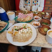 Chilaquiles and tacos at El Jardin Buffet Nutricional Vegetariano in Guadalajara