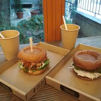 Burgers and soups, as served in October 2019 :) at Tökmag Vegan Street Food in Budapest