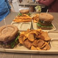 Green Pea / Beetroot / Nachos Burgers, sweet potato fries, sweet potato chips at Tökmag Vegan Street Food in Budapest