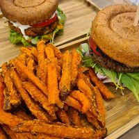 Burgers and fries at Tökmag Vegan Street Food in Budapest