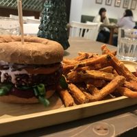 Beet burger and sweet potato fries   at Tökmag Vegan Street Food in Budapest
