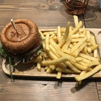 Mushroom burger with fries  at Tökmag Vegan Street Food in Budapest