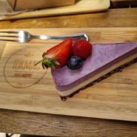 A slice of lavender-lemon cake, May 2023. at Tökmag Vegan Street Food in Budapest