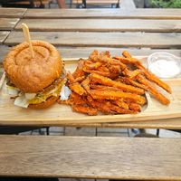 Satay burger with sweet potato fries😍 at Tökmag Vegan Street Food in Budapest