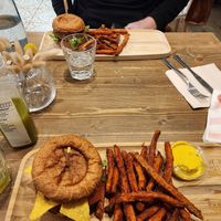 Nacho burger with sweet potato fries at Tökmag Vegan Street Food in Budapest
