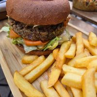 Satay burger and fries - excellent at Tökmag Vegan Street Food in Budapest