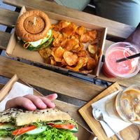 Lovely breakfast/lunch (with iced coffee from a neighbouring coffee shop)  at Tökmag Vegan Street Food in Budapest