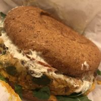 The squash burger (delicious!).  at Tökmag Vegan Street Food in Budapest