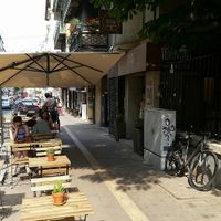 Outdoor sitting area at Tökmag Vegan Street Food in Budapest