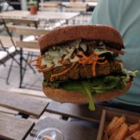 Green pea burger at Tökmag Vegan Street Food in Budapest