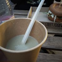 Celery soup and squash burger. at Tökmag Vegan Street Food in Budapest