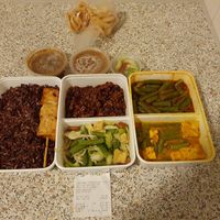 Menu 2 for 17,50 euros with brown/red Jasmin rice option. It fills more than a single plate. at Pasundan in Nijmegen