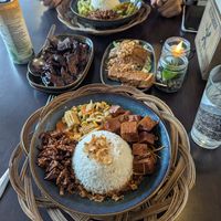 Our two menus! (in the middle of the table, soya chunks on the left and sate in the right) at Pasundan in Nijmegen