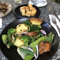 Warm vegetable salad w/ tofu on the side. The tofu was a bit salty for my taste but the salad was excellent. I’d definitely get it again.  at Bana in Tel Aviv