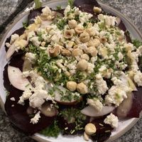 Beetroot carpaccio with vegan feta cheese   at Bana in Tel Aviv
