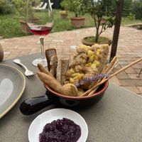 Fresh bread before dinners - always varied and super tasty   at Vegan Agrivilla I Pini in San Gimignano