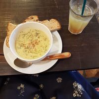 Vegetarian soup and homemade ginger soda at The Market in Okayama