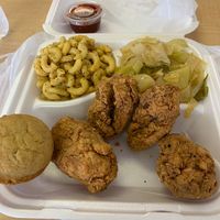 Vegan fried chicken, cornbread, cabbage, and mac-n-cheese.  All outstanding! at Jannah's Soul Food in Lilburn