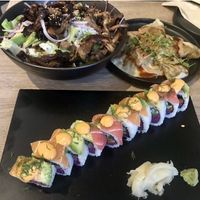 Mushroom salad, dumplings & rainbow roll   at Beyond Sushi in New York City