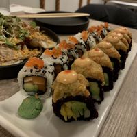 Avocado/ „salmon“ roll (left) & spicy mang roll (right)  at Beyond Sushi in New York City