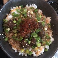 Glazed “meatball” 20 - dark soy and sambal glazed “meatballs” sushi rice, scallions , sesame    at Beyond Sushi in New York City