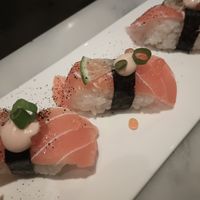 Close-up of "salmon" sushi pieces at Beyond Sushi in New York City