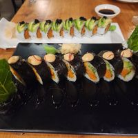 Charred avocado roll and spicy crab roll at Beyond Sushi in New York City