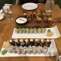 Crab rangoons, charred avocado roll, sweet tree roll, and Philadelphia roll  at Beyond Sushi in New York City