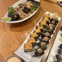 Udon noodles, spicy mang and mighty mushroom (left to right)  at Beyond Sushi in New York City