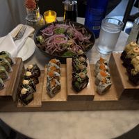 Special sushi sampler and the mushroom salad  at Beyond Sushi in New York City