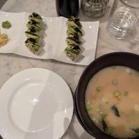 Charred avocado sushi and miso soup at Beyond Sushi in New York City