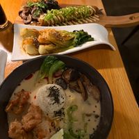 ramen,  bok choy and pork skewer at Beyond Sushi in New York City
